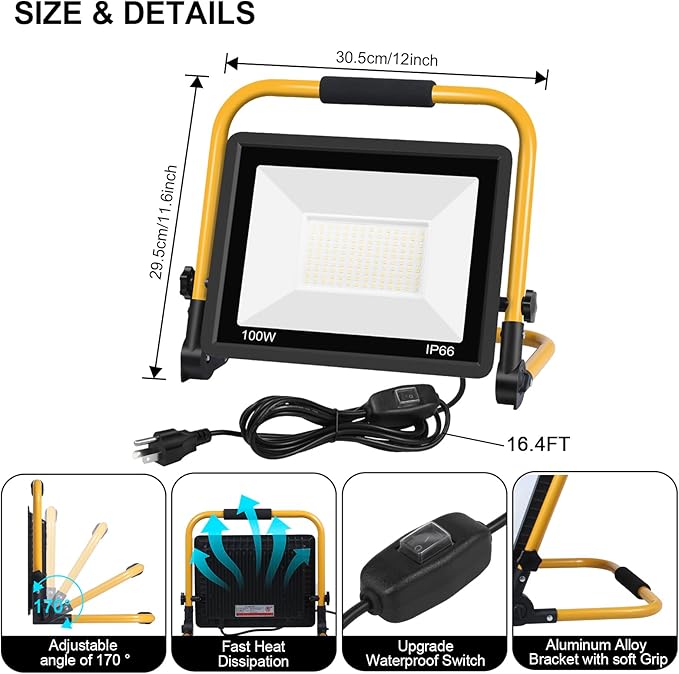 50W 5600LM LED Work Light with 16.5FT Cord, IP66 Waterproof, Portable Flood Light for Construction, Workshop, Garage, and Outdoor Use