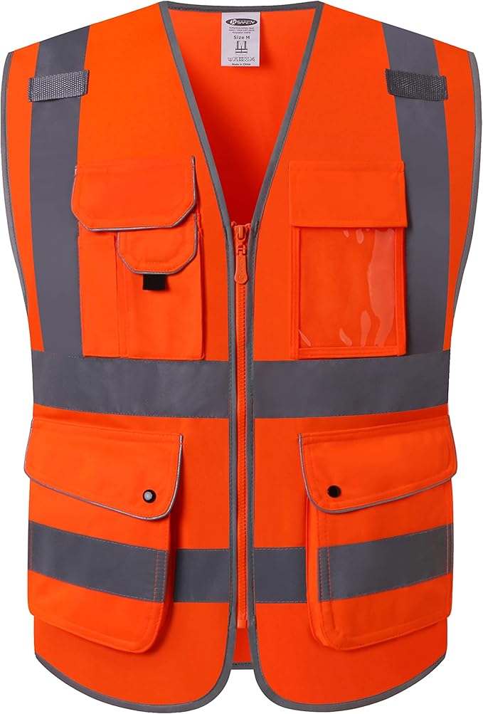 JKSafety 9 Pockets Class 2 High Visibility Zipper Front Safety Vest With Reflective Strips,Meets ANSI/ISEA Standard (150 Orange L)