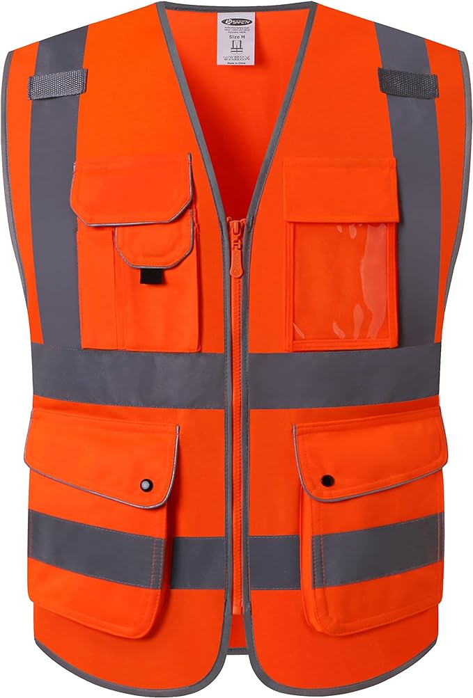 JKSafety 9 Pockets Class 2 High Visibility Zipper Front Safety Vest With Reflective Strips, Meets ANSI/ISEA Standards (150-Orange, 5XL)