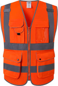 JKSafety 9 Pockets Class 2 High Visibility Zipper Front Safety Vest With Reflective Strips, Meets ANSI/ISEA Standards (150-Orange, XXL)