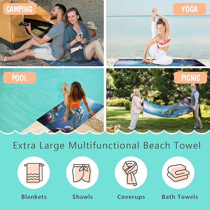 Sea Turtle Beach Towel Oversized 36" x 72", Thin Lightweight Sand Free Quick Dry Microfiber Towel for Swimming Pool Cruise Camping Travel