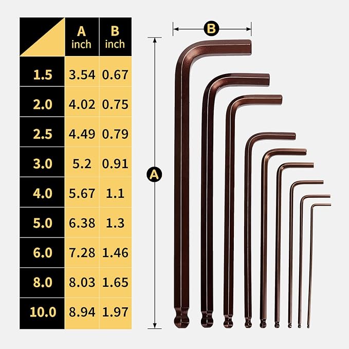 Extra Long Allen Wrench Ball End S2 Steel – 9PCS Metric Hex Key Set, S2 Alloy, 1.5–10mm, 9in, Bronze Finish, for Deep Space Work, Auto Repairs, Workshop Use