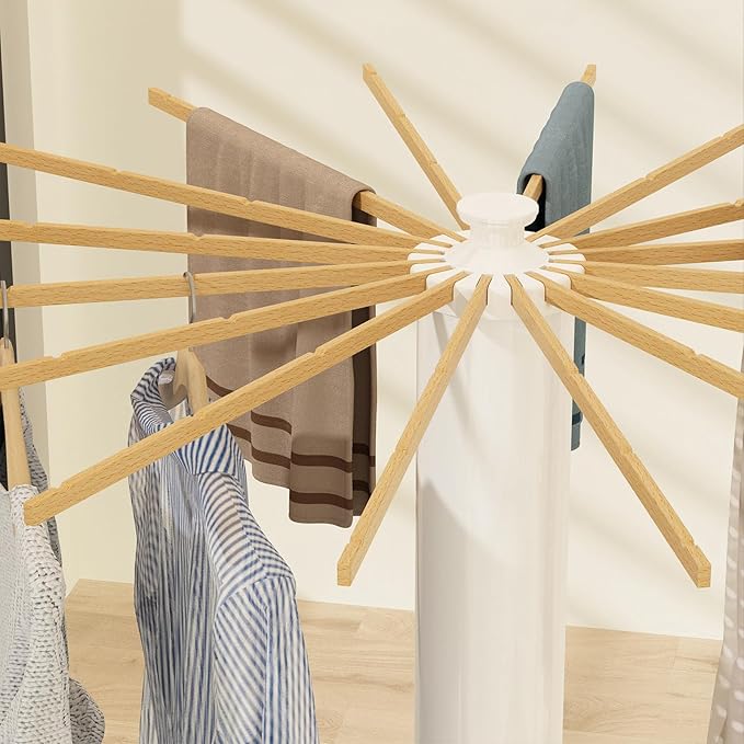 Dr.DJ Tripod Drying Rack, Foldable Octopus Standing Drying Rack Clothing with 16 Wood Drying Arms, Round Collapsible & Portable Handle for Laundry Room, Balcony, Bedroom, RV