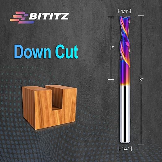 Downcut Spiral Router Bit 1/4 Inch Cutting Diameter 1 Inch Cutting Length and 3 Inch Overall Length, CNC Router Bits End Mill for Wood Cutting, Slot Mortise, Engraving