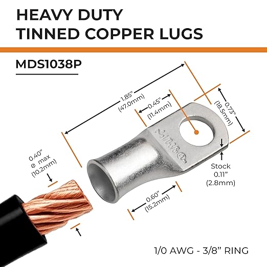 SELTERM 5pcs 1/0 AWG 3/8" Stud Tinned Copper Wire Lugs, Battery Lugs, Ring Terminals, Battery Cable Ends, 0 Gauge Ring Terminal Connectors, UL Marine Grade Electrical Battery Terminal Connectors