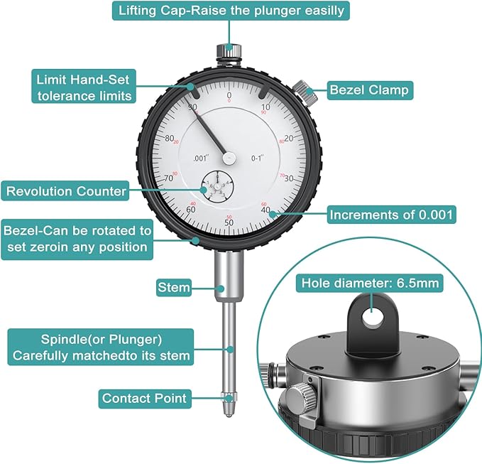 HDLNKAK Table Saw Dial Indicator Gauge, 0-1"/0.001" Dial Indicator, Table Saw Alignment Gauge Suitable for Calibrating Workshop, Machinery, Band Saw and Drill Press