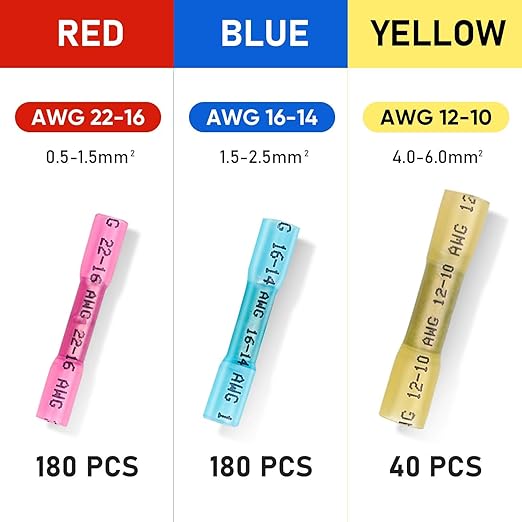 TICONN 400PCS Heat Shrink Butt Wire Connector Kit, Insulated Waterproof Electrical Wire Crimp Terminals Butt Splice for Marine Automotive (400PCS)