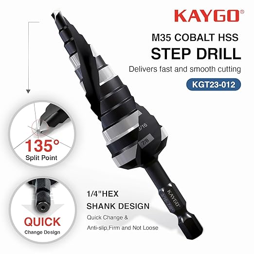 KAYGO M35 Step Drill Bit for Metal, 3/16 to 7/8 inch Step Drill Bits for Stainless Steel Aluminum Wood Plastic,1/4 -inch Hex Shank,Spriral Drouble-Fluted