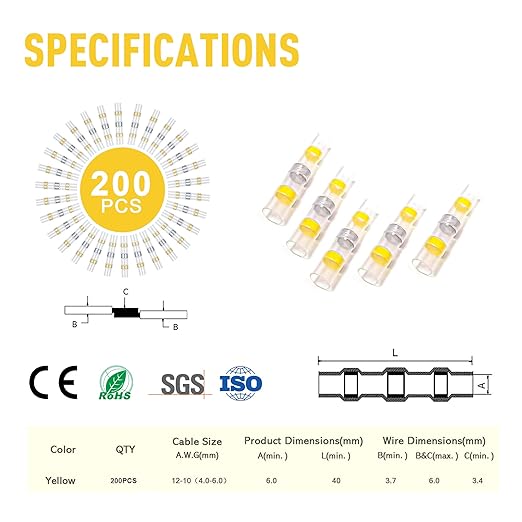 Kuject 200PCS Solder Seal Wire Connectors AWG 12-10, Yellow Solder Seal Heat Shrink Butt Connectors Terminals Solder Sleeve Waterproof Wire Splice Connector for Marine Boat Wire Joint