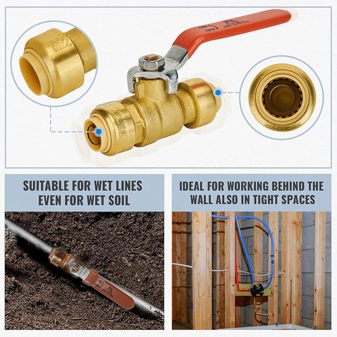 Shut Off Ball Valve 1/2 Inch, SUNGATOR 1/2 Inch Ball Valve, Push-to-Connect Water Shutoff, No Lead Brass Pushfit Plumbing Fittings for PEX Pipe, Copper, CPVC, Pack of 1