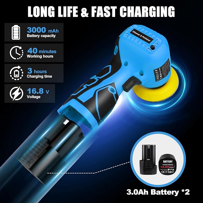 Cordless Sander, 3" Palm Sander with 2Pcs 16.8V 3.0Ah Batteries, 3500RPM Mini Polisher, 30 Accessories Sander Tool for Sanding/Polishing/Waxing/Cleaning