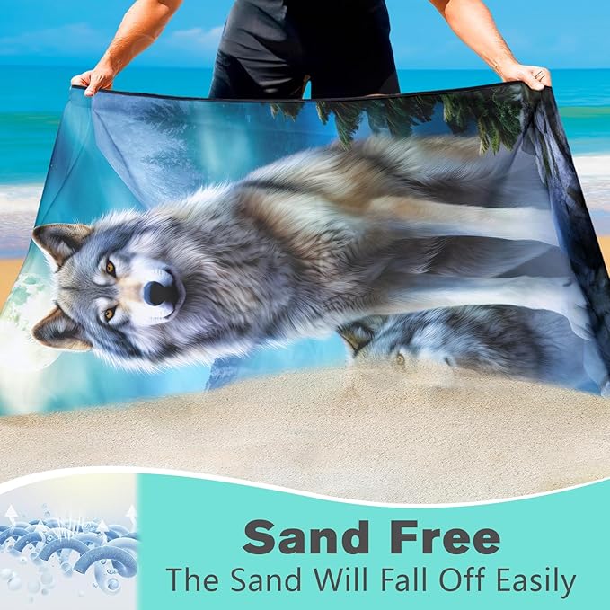 Moon Wolf Beach Towel Oversized 36" x 72", Thin Lightweight Sand Free Quick Dry Microfiber Towel for Swimming Pool Cruise Camping Travel