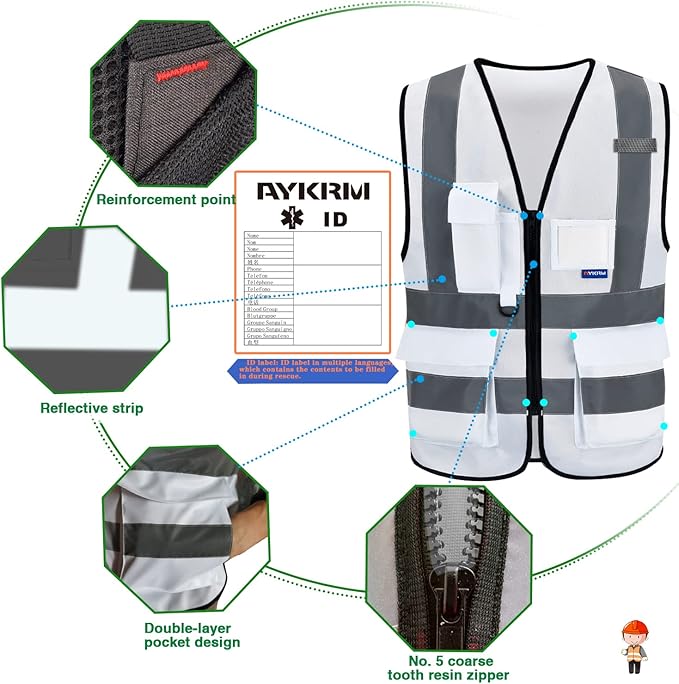 A-SAFETY Hi Reflective Safety Vest,Hi Vis Bright Neon Colors Safety Vest with 4 Reflective Strips 7 Pockets(White L)