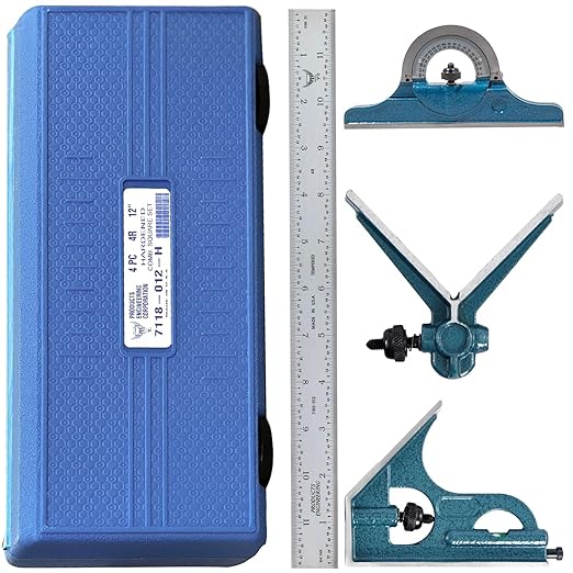PEC Tools 4-Piece Hardened Combination Square Set - 4R 12”Machinist Blade, Cast Iron Head, Center Head, Combination Square with Level and Scribe Tool, Reversible Locking Bolt, Made in USA