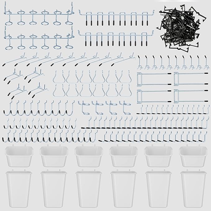 248PCS Pegboard Accessories Organizer Kit,1/8 and 1/4 inch Pegboard Hooks Assortment, Pegboard Bins, Metal Hooks for Hanging Storage (White Cup)