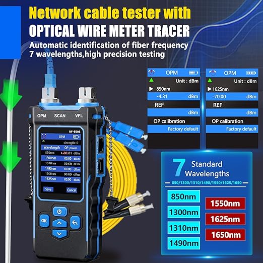 NOYAFA NF-8508 Network Cable Tester with 7 wavelength Optical Power Meter VFL,RJ11 RJ45/PoE Tester/CAT5 CAT6/NCV with 10mw Visual Fault Locator,Network Tool with Lithium Battery