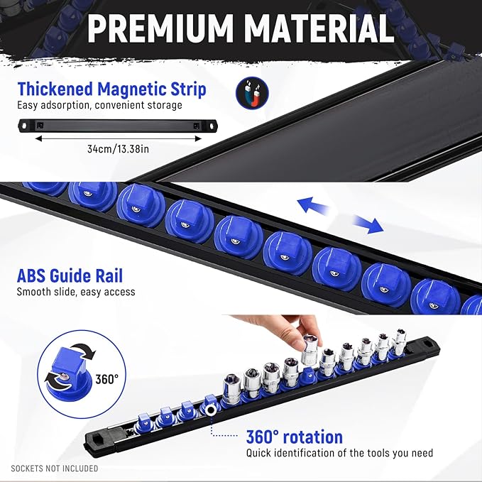 Magnetic Socket Organizer, 1-Piece Heavty Duty ABS Socket Holder, Socket Rail for Tool Box, Premium Quality 360° Swivel Socket Rack with 14 Clips for 1/4-Inch(Blue)