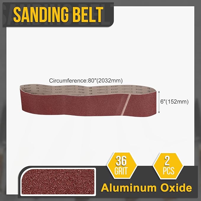 6 x 80 Inch Sanding Belt, 2 Pcs 36 Grit Knife Sharpener Belts Work Sharpening for Belt Sander Knife Carving Tool Metal Working