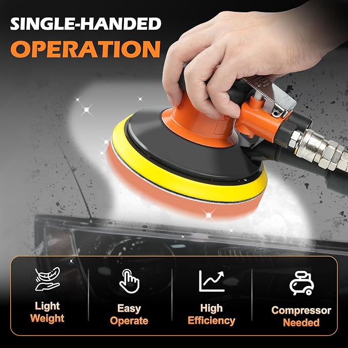 Pneumatic Random Orbital Sander 6" Air Palm Sander, Speed Adjustable Professoinal Da Sander for Woodworking, Metal and Auto Bodywork