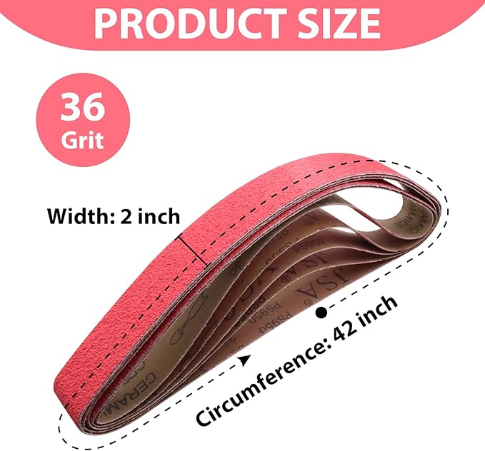 2 x 42 Inch Ceramic Grinding Belts, 36 Grit 2x42 Metal Sanding Belt, Sharpening Sander Belts for Knife Metal, 5 Pack
