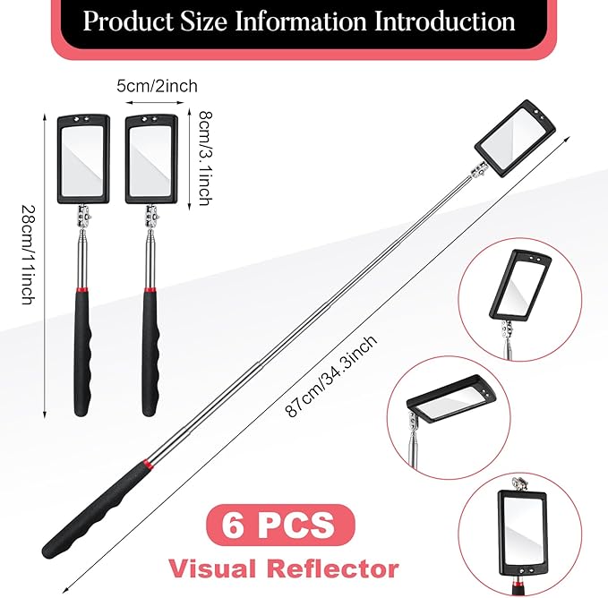 6 Pcs LED Telescoping Inspection Mirror,Retractable LED Mechanical Mirror Tool,Under Vehicle Inspection Mirror,Car Visual Reflector,Retractable Under Vehicle Detection Mirror Repair Tool