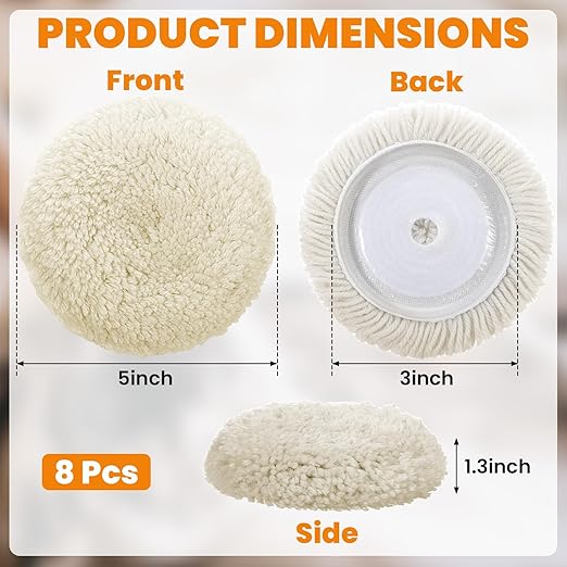8 Pcs 3 Inch Polishing Pad Buffing Pad Wool Polishing Pad Hook Loop Buffing Pad for Drill Curved Edge Compound Cutting Pad Drill Polisher Attachment Wheel Polish Pad Car Body Repair Buffing