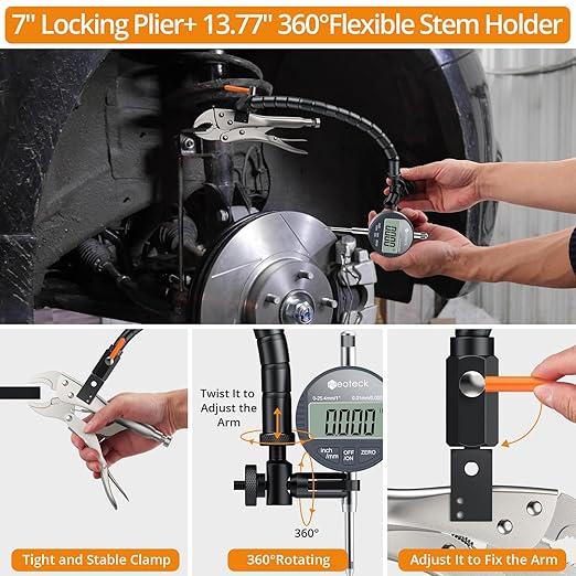 Neoteck Disc Brake Rotor Gauge Dial Indicator 1"/0.0005" Digital Runout Gauge Set Ball Joint Runout Set with 360° Flexible Arm Tight Grip Locking Vise for Automotive, Mechanical, Industrial Processes
