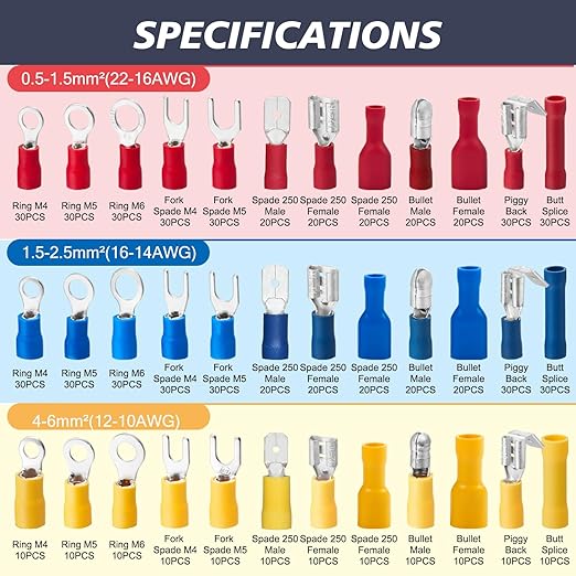Chanzon Insulated Crimp Connector Wire Terminal Kit Contains (Butt Splice, Male & Female Spade, Fork, Ring Terminals) Solderless Assorted Electrical Crimping Tools(720pcs