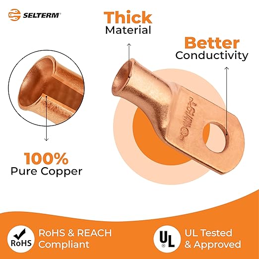 SELTERM 10pcs 6 AWG - 1/4" Stud (Wide Pad) - Heavy Duty Wire Lugs, Ring Terminals, Battery Cable Ends, 6 Gauge Terminals, UL Bare Copper Eyelets Electrical Terminal Connectors