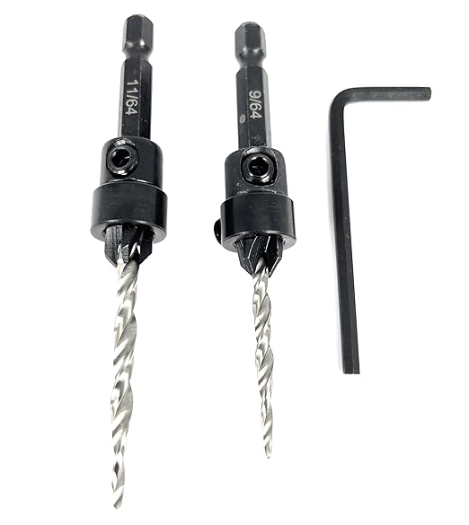 FTG USA Countersink Drill Bit Set #6 (9/64") and #8 (11/64") Wood Countersink Drill Bit, Tapered Countersink Bit, Stop Collar, Hex Wrench, Woodworking Countersink Drill Bits
