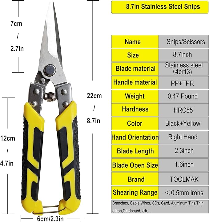Heavy Duty Industry Scissors 8.7 Inch Aviation Tin Snips Straight Metal Cutter with Comfort Grip and Stainless Steel Blades Multifunction Cutting