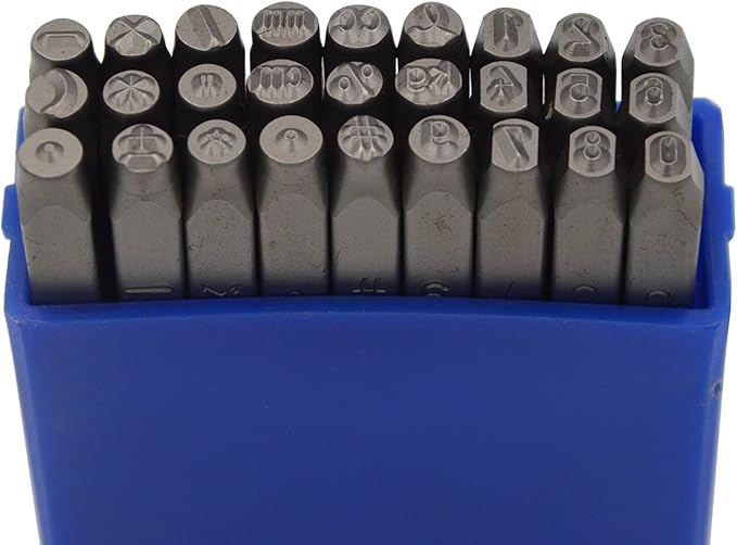 1/8 (3mm) 27pcs Number and Symbol Stamp Heavy Duty Carbon Steel Hand Stamping Character Mark Code Alphabet Punch Kit for Bracelet Ring Jewelry Sheet Metal Plate Making Mold Die