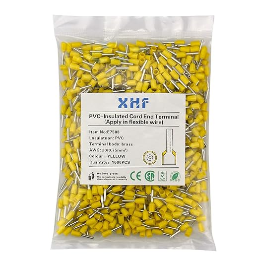 XHF 1000 PCS AWG 20/0.75mm² Wire Ferrules Insulated Copper Crimp Connectors, Crimp Pin Cord End Terminals Yellow