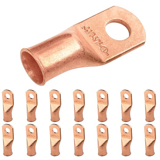SELTERM 1/0 AWG 5/16" Stud (15 Pcs.) - UL Heavy Duty Battery Terminal Connectors, Bare Copper Battery Cable Lugs, 0 Gauge Wire Connectors, Electrical Battery Cable Ends, Ring Terminals Copper Lugs