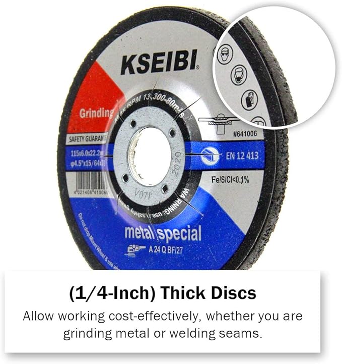 KSEIBI 651006 Grinding Wheels 25-Pack, Aluminum Oxide Discs for Metal & Stainless Steel, 4-1/2" x 1/4" x 7/8", Aggressive Grinding for Angle Grinders, Depressed Center Design