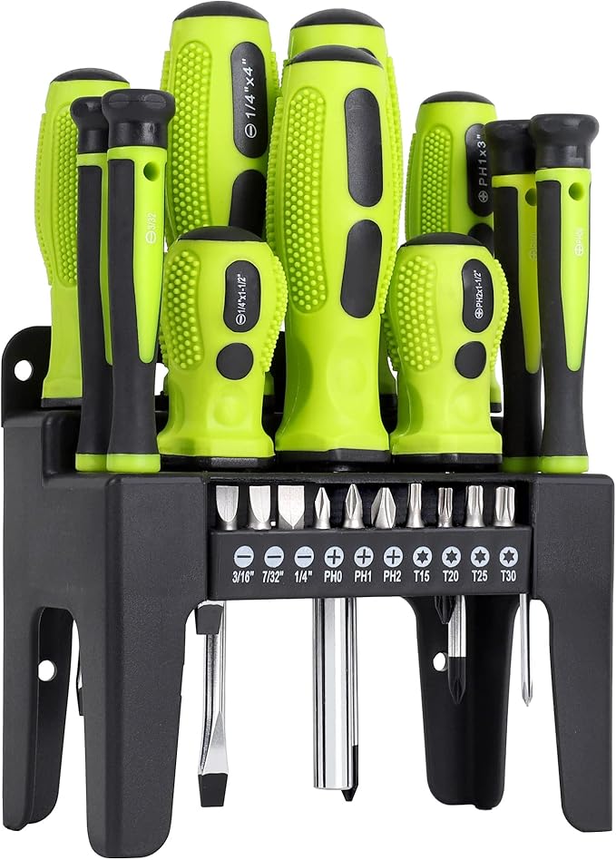 FASTPRO 21-Piece Magnetic Screwdrivers Set with Organizer Rack, Slotted Phillips Screwdrivers and Precision Screwdrivers, Repair Tool Kit for Home, Green