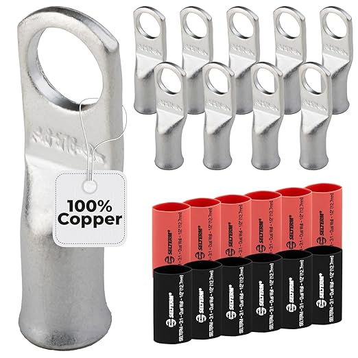 SELTERM 10pcs - 6 Awg - 5/16" Stud - Battery Lugs - Ring Terminal Connectors | with 12pcs 3:1 Black & Red Heat Shrink Tubing with Adhesive | Heavy Duty Battery Cable Ends - Tinned Copper Wire Lugs Kit