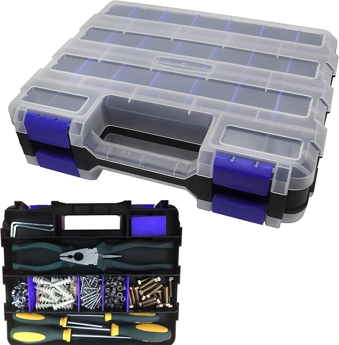 Tools Organizer Box Small Parts Storage Box 50-Compartment Double Side Hardware Organizers with Removable Plastic Dividers for Screws, Nuts, Nails, Bolts, Blue