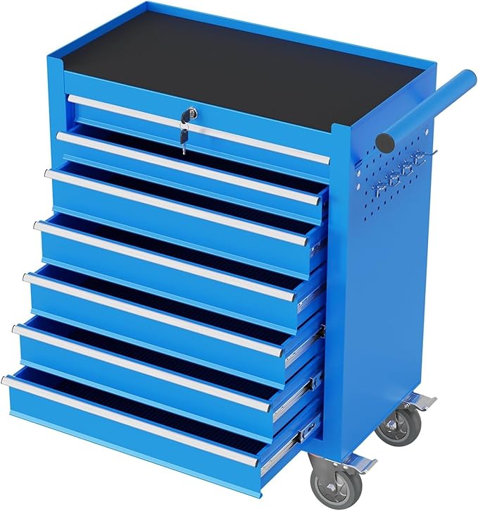 7-Drawer Rolling Tool Chest,Metal Rolling Tool Chest with Wheels and Locking Tool Box,Portable Metal Tool Box for Warehouse,Garage, Repair Shop, Workshop (Blue, 7-Drawer)