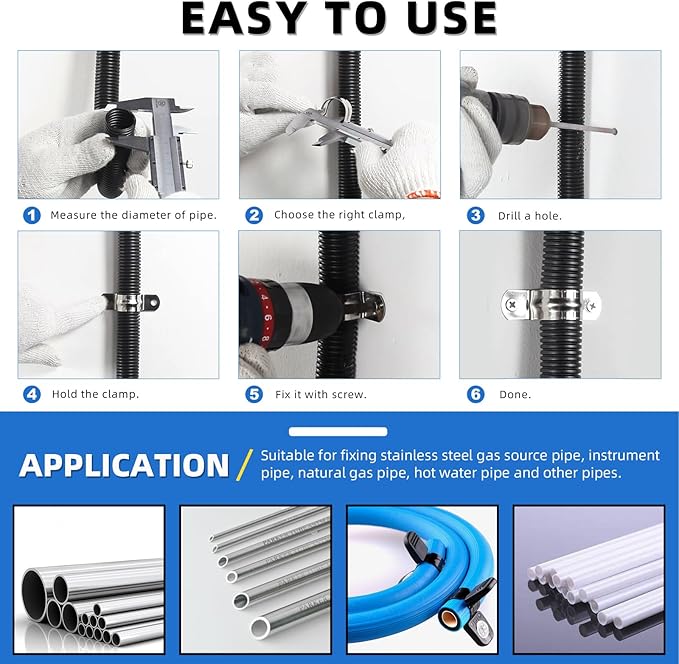 Glarks 50Pcs M8 Pipe Strap Clamp, 304 Stainless Steel 2 Hole Strap Heavy Duty Rigid Pipe Strap U Bracket Tube Strap Cable Clamp Hanger Tension Tube Clip for Pipe Tube Cable Fixing (45mm (1-3/4"))