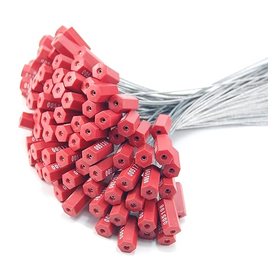 50 Numbered Steel Cable Security Seals - Metal Wire Tamper Seals, Pull Tight Cable Tie for Containers (Red)