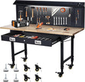 60-Inch Garage Workbench with Wheels, Adjustable Rubber Wood Top Garage Workbench with Pegboard/Drawer/Power Outlet, 2000 lbs Load Capacity, for Workshop, Woodworking, Office, Home.