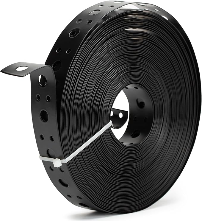 Metal Strap 1-Inch x 50FT 0.6mm Thickness Metal Strapping with Holes Galvanized Pipe Hanger Strap DIY Cutting and Installation for Pipe Support (Black)