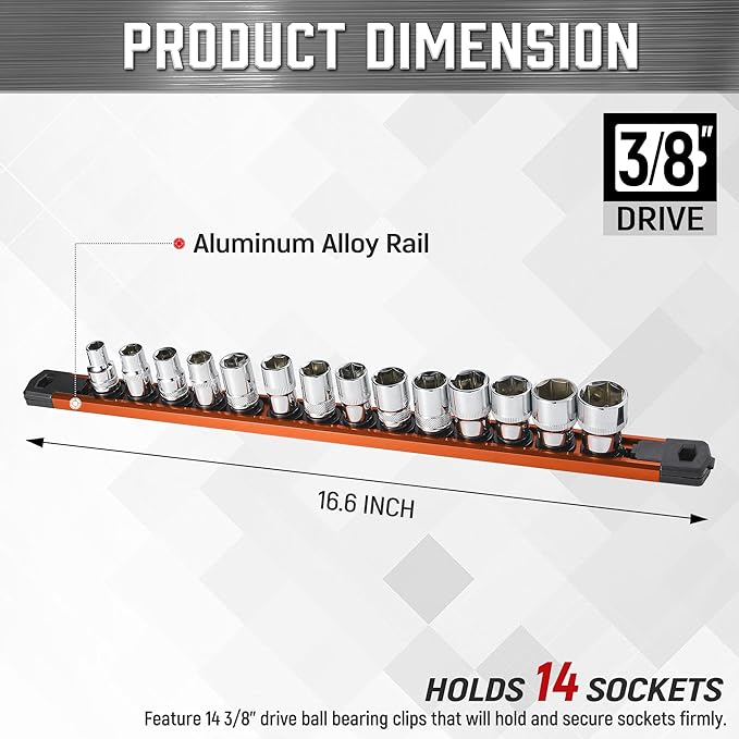 ALOANES 3/8-Inch Drive Magnetic Socket Organizer, Heavy Duty Aluminum Socket Rail Organizer, 360° Swivel Clips Socket Holder Kit for Tool Box, 3/8-Inch Socket Holder x 14 Clips (Orange)