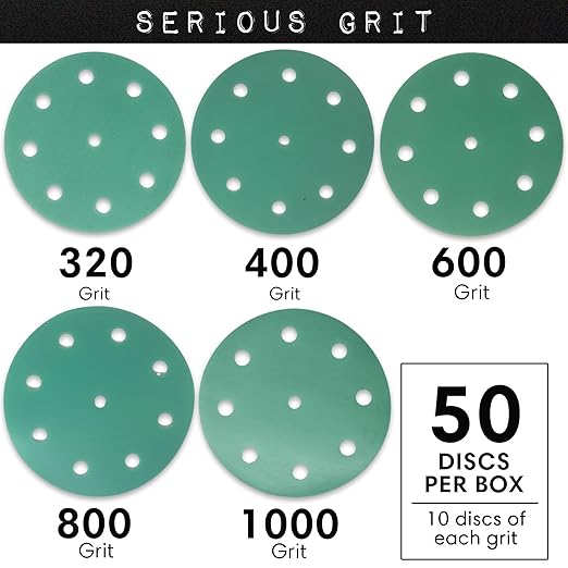 5-Inch 9-Hole High Grit Sanding Discs Assortment - 320, 400, 600, 800, 1000 Grit (10 of Each) - Wet Dry Hook & Loop Film Discs - Sandpaper for Random Orbital Sanders - 50 Pack Box