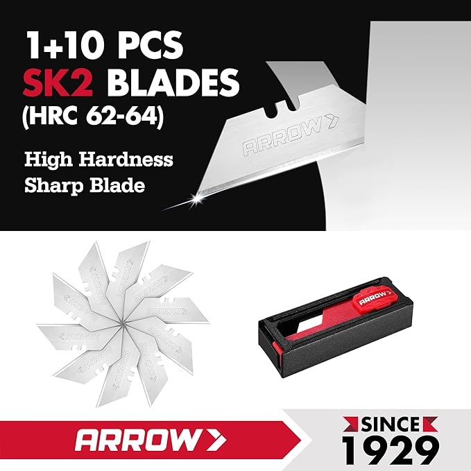 ARROW Folding Utility Knife, Quick-Change Box Cutter with Belt Clip, Liner Lock, Heavy Duty Aluminum Razor Knife with Comfortable Handle, 10 Extra SK2 Blades Included