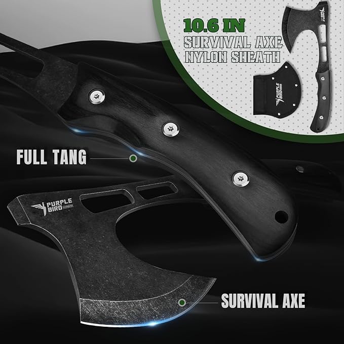 PURPLEBIRD Outdoor Survival Axe & Fixed Blade Knife Set - Full Tang Camping Hatchet and Hunting Knife with Sheath, Lightweight Small Hand Axe & Bushcraft Knives Set with Wood Handle, Gift Box for Men
