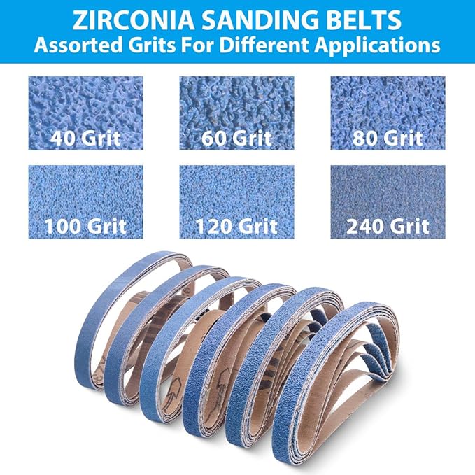 36 Pcs 3/8 x 13 Inch Zirconia Sanding Belts, 3/8 Inch x 13 Inch Belt Sander Paper, 6 Each of 40/60/80/100/120/240 Grits Belt Sander Sanding Belts for Metal