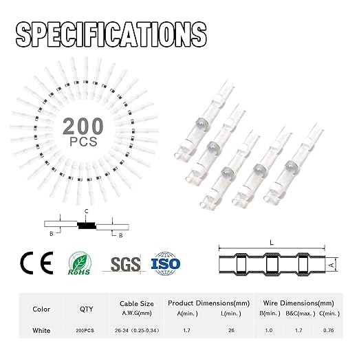 Kuject 200PCS Solder Seal Wire Connectors AWG 26-24, White Solder Seal Heat Shrink Butt Connectors Terminals Solder Sleeve Waterproof Wire Splice Connector for Marine Boat Wire Joint