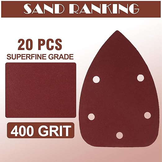 400 Grit Mouse Sander Sandpaper, Jamiikury 5 Hole Detail Sander Sandpaper Palm Sander Paper Mouse Sanding Pads Hook and Loop Sanding Sheets - Pack of 20